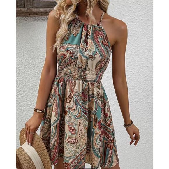 NEW SZ L Beautiful Paisley Print Boho Sleeveless Halter Neck Dress - Picture 5 of 5